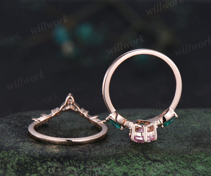 Pear Fantasy Cut Padparadscha Engagement Ring Seven Stone Pink Sapphire Promise Ring Celtic knot Baguette Cut Emerald Band Bridal Set