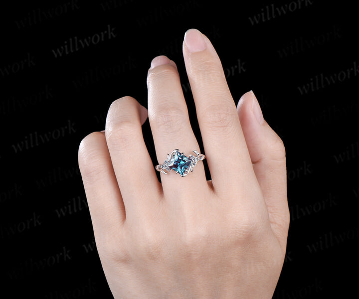 Princess cut alexandrite engagement ring 14k white gold leaf art deco London blue topaz celtic knot ring June birthstone gifts for women
