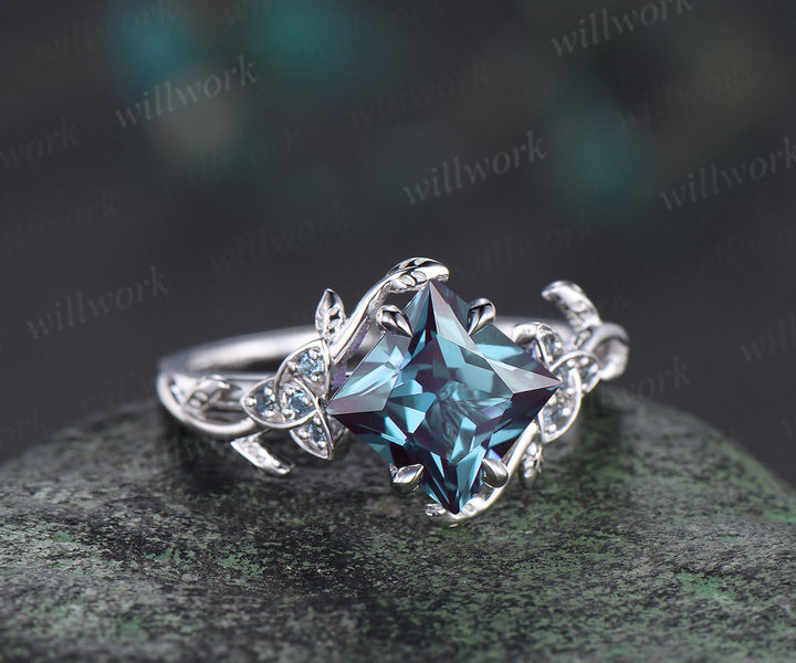 Princess cut alexandrite engagement ring 14k white gold leaf art deco London blue topaz celtic knot ring June birthstone gifts for women
