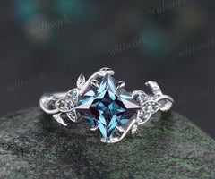 Princess cut alexandrite engagement ring 14k white gold leaf art deco London blue topaz celtic knot ring June birthstone gifts for women