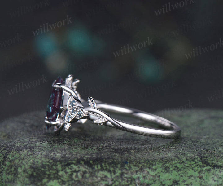 Princess cut alexandrite engagement ring 14k white gold leaf art deco London blue topaz celtic knot ring June birthstone gifts for women
