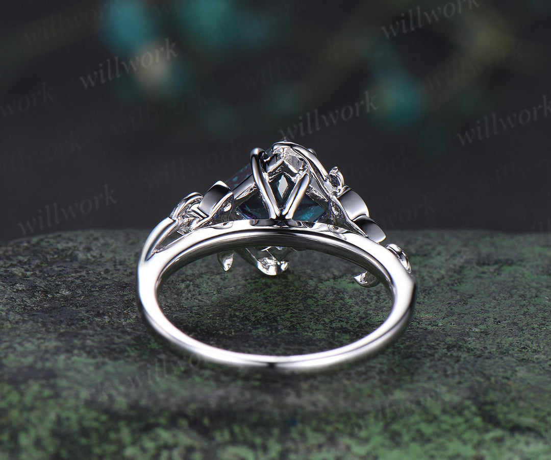 Princess cut alexandrite engagement ring 14k white gold leaf art deco London blue topaz celtic knot ring June birthstone gifts for women