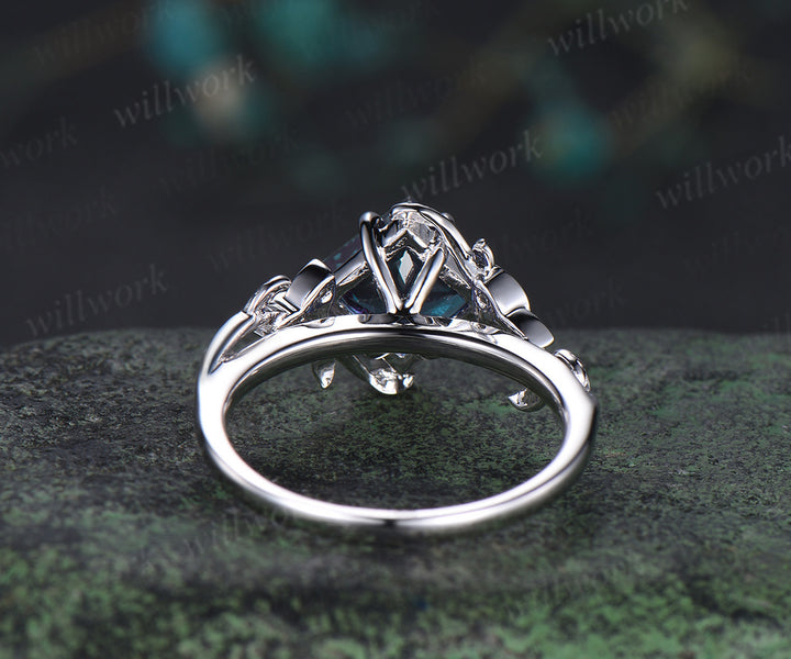 Princess cut alexandrite engagement ring 14k white gold leaf art deco London blue topaz celtic knot ring June birthstone gifts for women