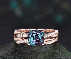 Cushion alexandrite engagement ring set diamond full eternity rose gold wedding band twisted infinity bridal set anniversary gift