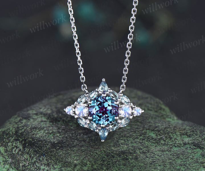 Vintage round cut alexandrite necklace art deco moonstone alexandrite pendant white gold necklace anniversary birthday gifts for women