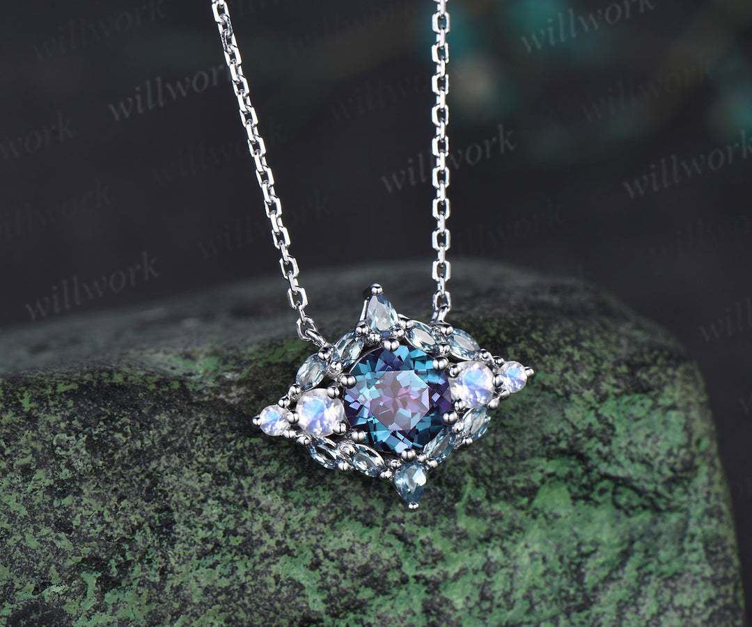 Vintage round cut alexandrite necklace art deco moonstone alexandrite pendant white gold necklace anniversary birthday gifts for women