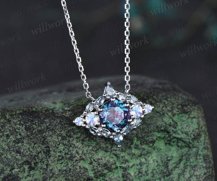 Vintage round cut alexandrite necklace art deco moonstone alexandrite pendant white gold necklace anniversary birthday gifts for women