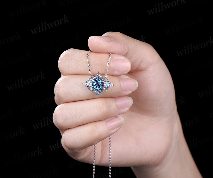 Vintage round cut alexandrite necklace art deco moonstone alexandrite pendant white gold necklace anniversary birthday gifts for women