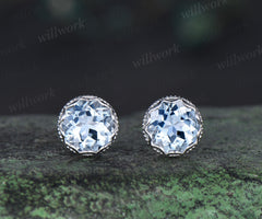 Vintage aquamarine stud earrings sterling silver 10k/14k/18k white gold milgrain crown setting earrings March birthstone gifts