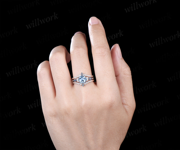 Round cut natural aquamarine engagement ring set marquise alexandrite accents ring curved moissanite alexandrite bands March birthstone bridal set gifts for women