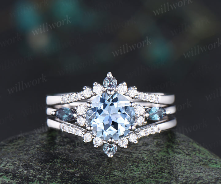 Round cut natural aquamarine engagement ring set marquise alexandrite accents ring curved moissanite alexandrite bands March birthstone bridal set gifts for women