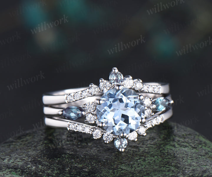 Round cut natural aquamarine engagement ring set marquise alexandrite accents ring curved moissanite alexandrite bands March birthstone bridal set gifts for women