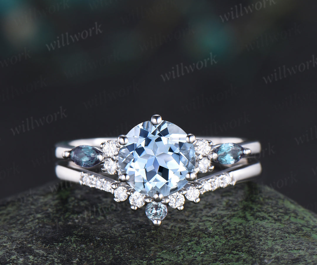 Round cut natural aquamarine engagement ring set marquise alexandrite accents ring curved moissanite alexandrite bands March birthstone bridal set gifts for women