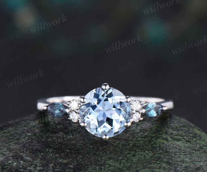 Round cut natural aquamarine engagement ring set marquise alexandrite accents ring curved moissanite alexandrite bands March birthstone bridal set gifts for women