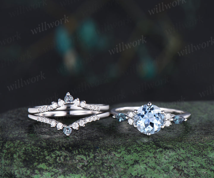 Round cut natural aquamarine engagement ring set marquise alexandrite accents ring curved moissanite alexandrite bands March birthstone bridal set gifts for women