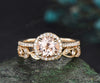 Vintage halo morganite diamond ring pink gemstone engagement ring full eternity milgrain leaf band promise anniversary wedding set