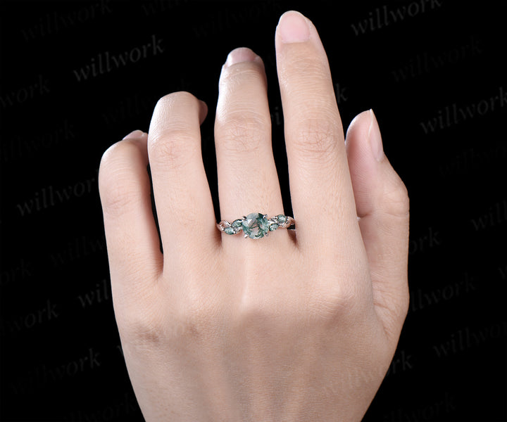 Vintage round moss agate engagement ring marquise moss agate leaf infinity ring nature inspired bridal gifts