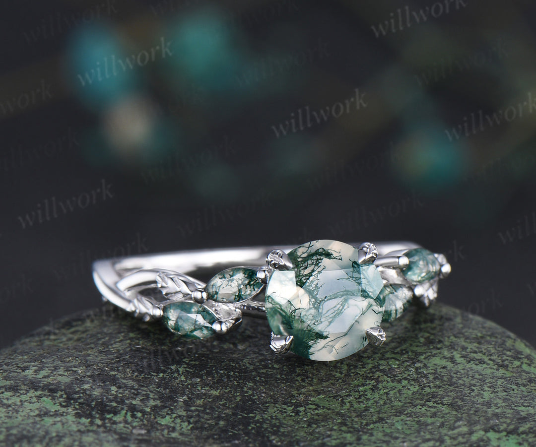 Vintage round moss agate engagement ring marquise moss agate leaf infinity ring nature inspired bridal gifts