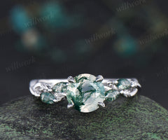 Vintage round moss agate engagement ring marquise moss agate leaf infinity ring nature inspired bridal gifts