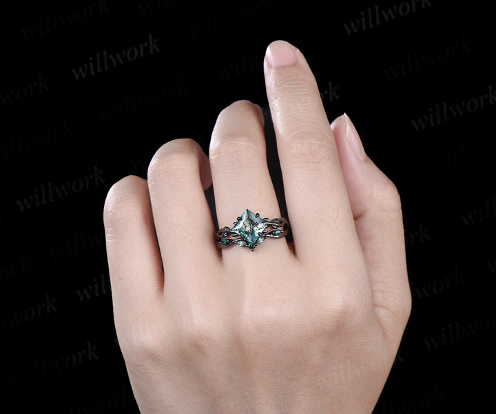 Princess moss agate engagement ring set black gold twig leaf infinity ring curved wedding band nature inspired bridal jewelry