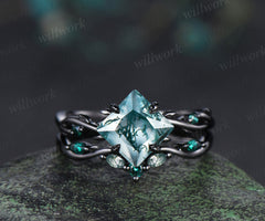 Princess moss agate engagement ring set black gold twig leaf infinity ring curved wedding band nature inspired bridal jewelry