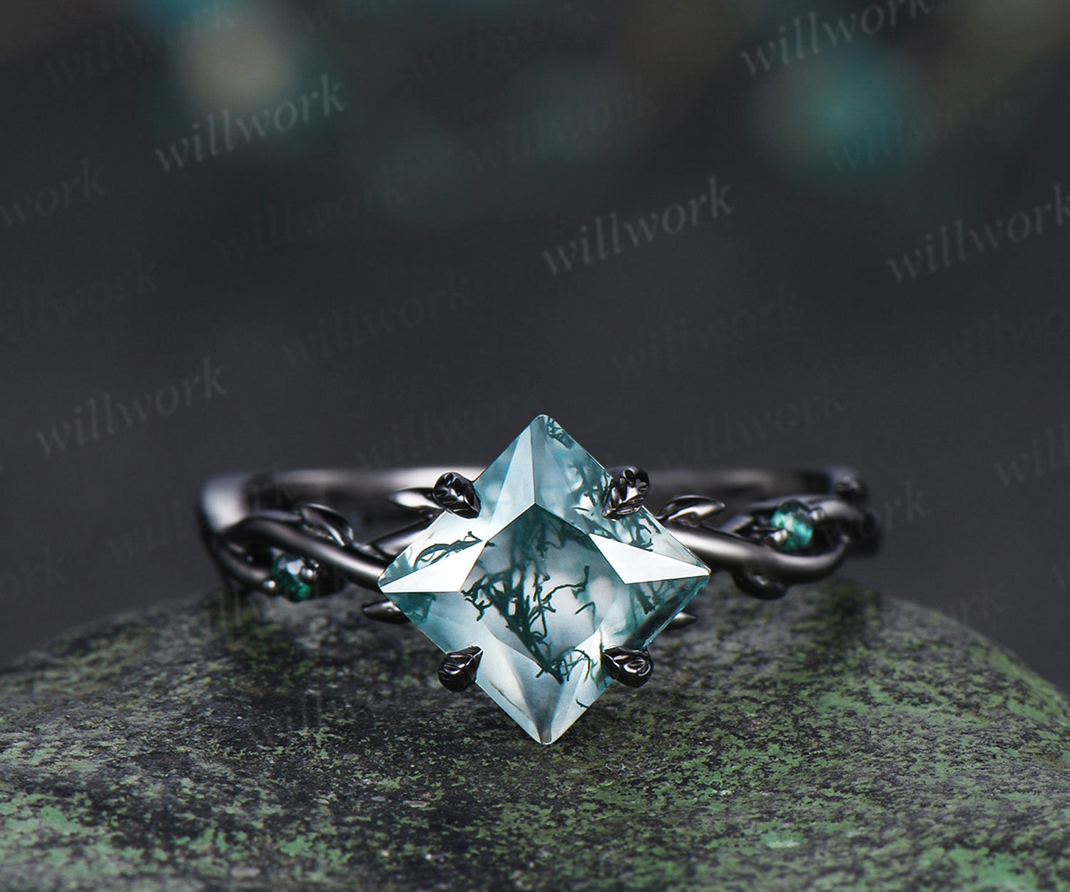 Princess moss agate engagement ring set black gold twig leaf