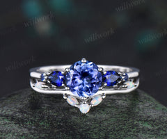 Vintage round cut tanzanite engagement ring set five stones sapphire ring curved opal band bridal set gifts for her