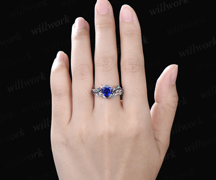 Heart shaped sapphire ring set leaf twig marquise alexanadrite promise ring blue sandstone wedding band bridal set