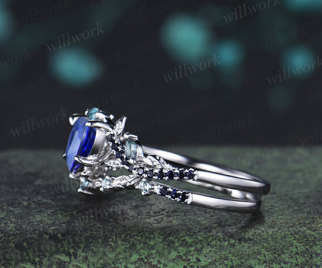 Heart shaped sapphire ring set leaf twig marquise alexanadrite promise ring blue sandstone wedding band bridal set