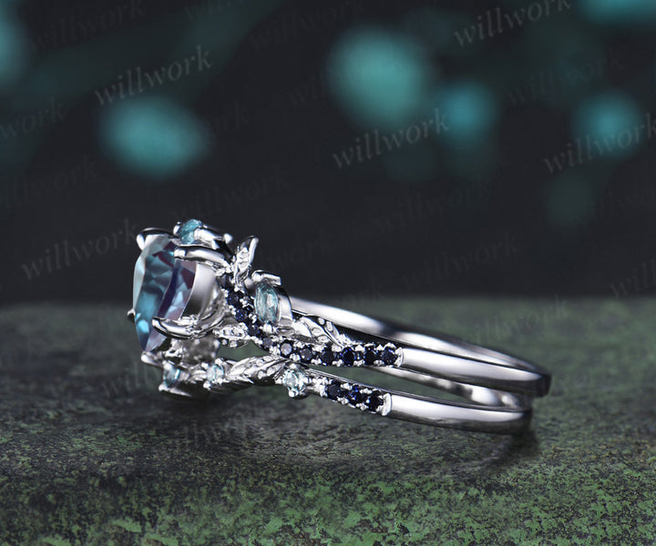Heart shaped alexandrite ring set leaf vine marquise alexanadrite promise ring blue sandstone wedding band nature inspired bridal set