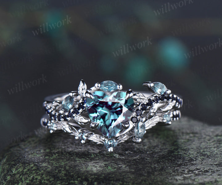 Heart shaped alexandrite ring set leaf vine marquise alexanadrite promise ring blue sandstone wedding band nature inspired bridal set