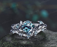 Heart shaped alexandrite ring set leaf vine marquise alexanadrite promise ring blue sandstone wedding band nature inspired bridal set