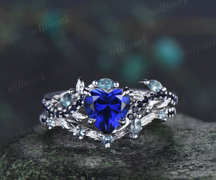 Heart shaped sapphire ring set leaf twig marquise alexanadrite promise ring blue sandstone wedding band bridal set