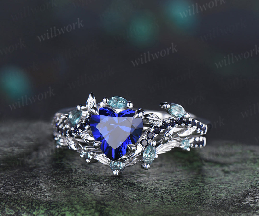 Heart shaped sapphire ring set leaf twig marquise alexanadrite promise ring blue sandstone wedding band bridal set