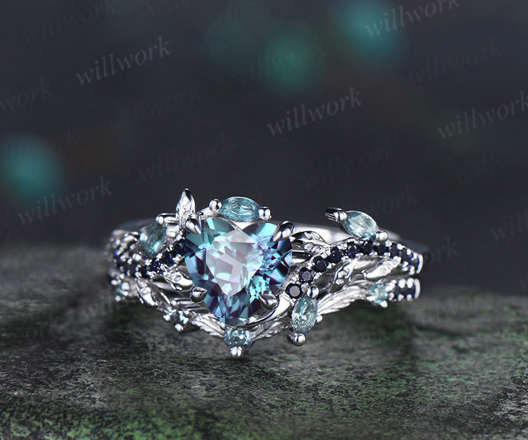 Heart shaped alexandrite ring set leaf vine marquise alexanadrite promise ring blue sandstone wedding band nature inspired bridal set