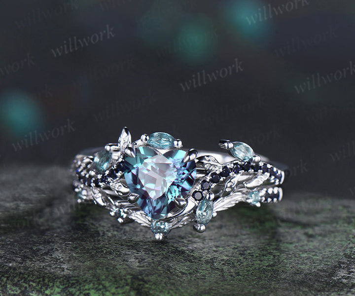 Heart shaped alexandrite ring set leaf vine marquise alexanadrite promise ring blue sandstone wedding band nature inspired bridal set