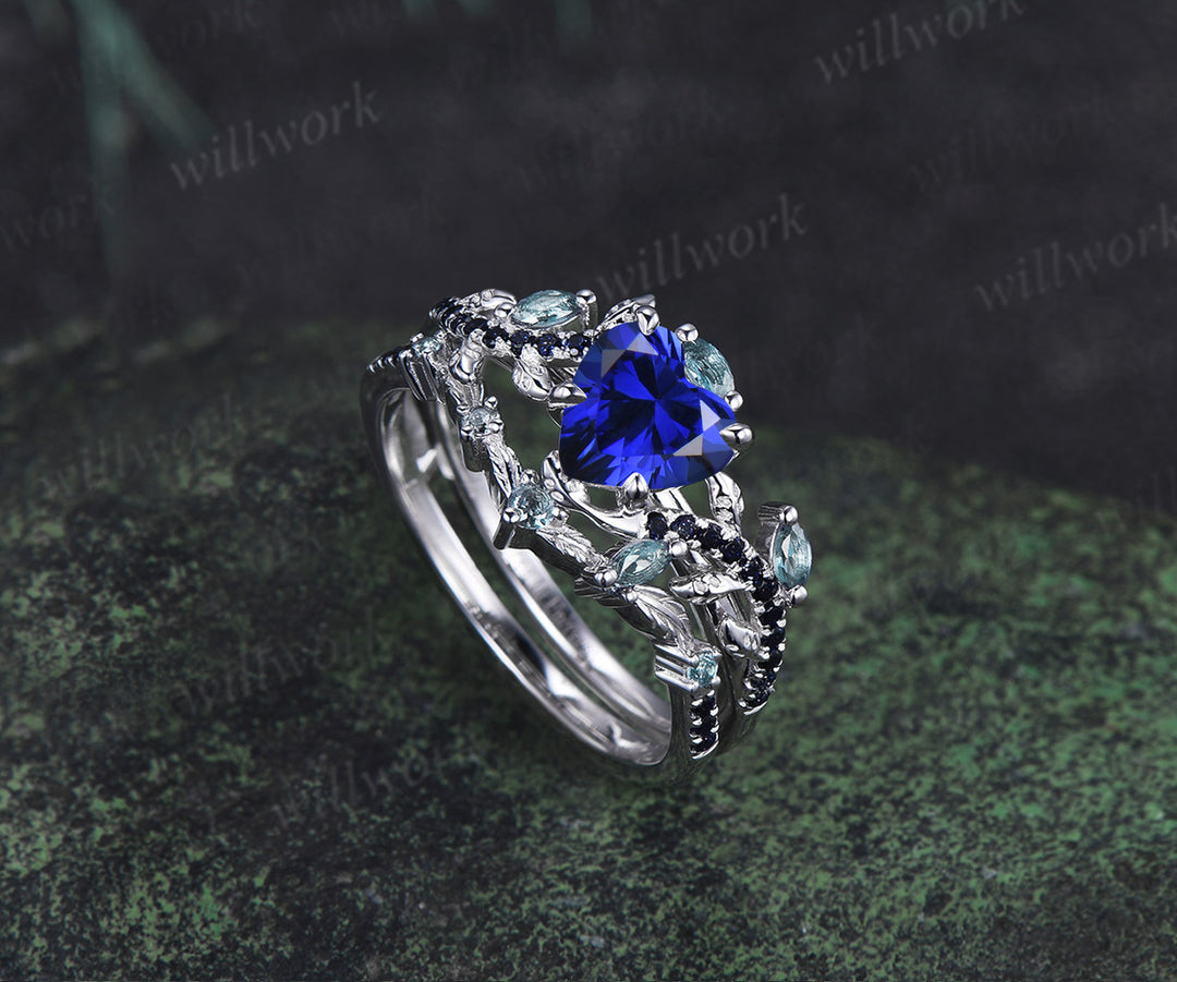 Heart shaped sapphire ring set leaf twig marquise alexanadrite promise ring blue sandstone wedding band bridal set