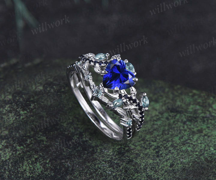 Heart shaped sapphire ring set leaf twig marquise alexanadrite promise ring blue sandstone wedding band bridal set
