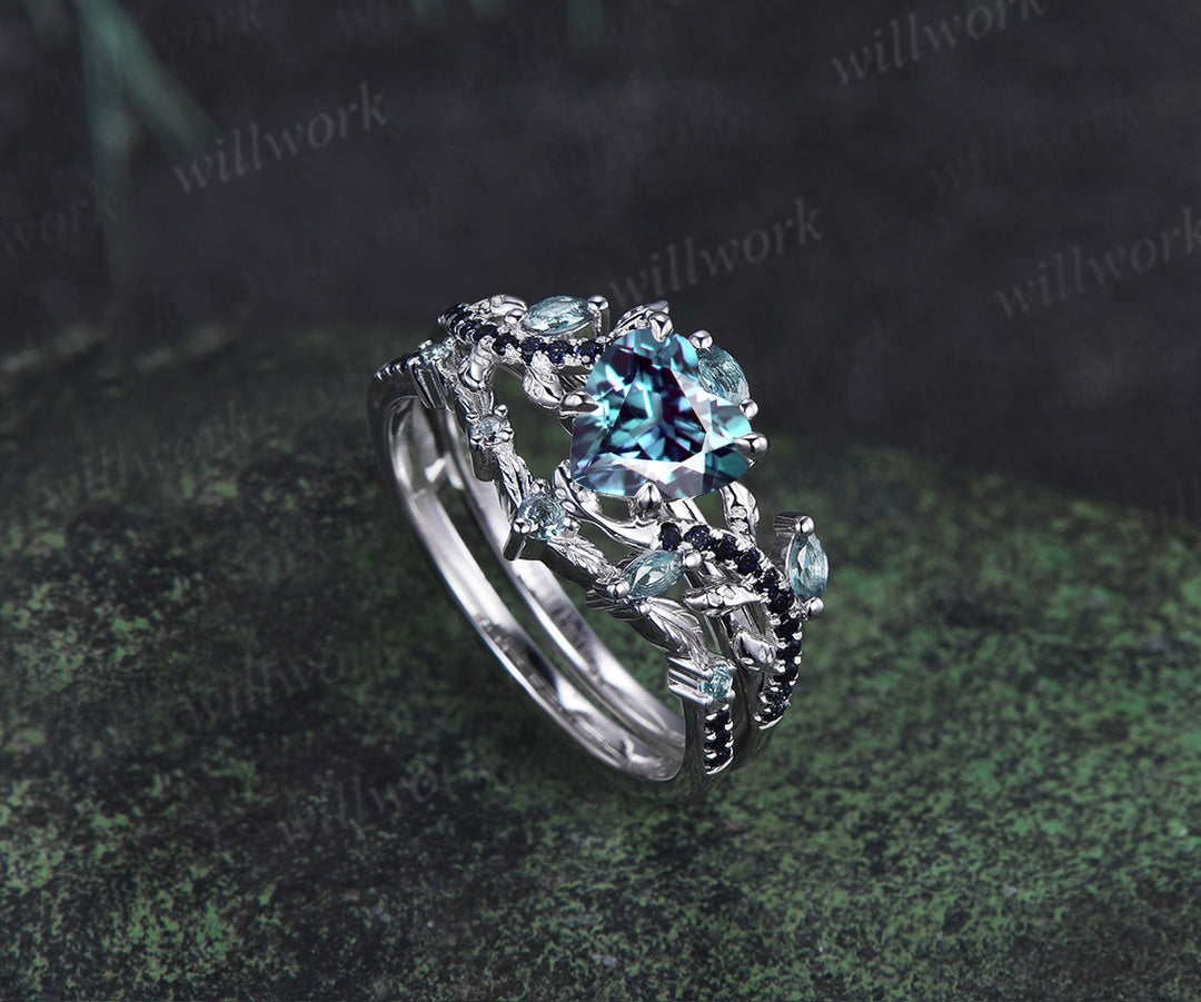Heart shaped alexandrite ring set leaf vine marquise alexanadrite promise ring blue sandstone wedding band nature inspired bridal set