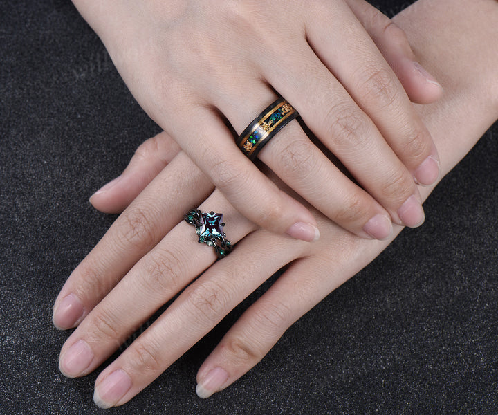 Vintage Princess Cut Alexandrite Twig Leaf Ring Set& Tungsten Black Opals Gold Flakes Men’s Band Couple Ring Set