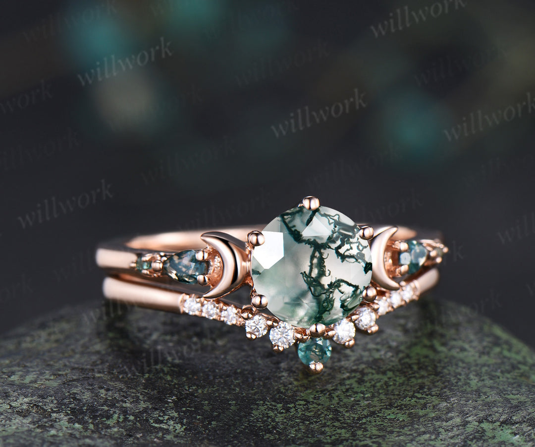 Round cut natural moss agate ring five stone moon 14k rose gold engagement ring set unique wedding ring set