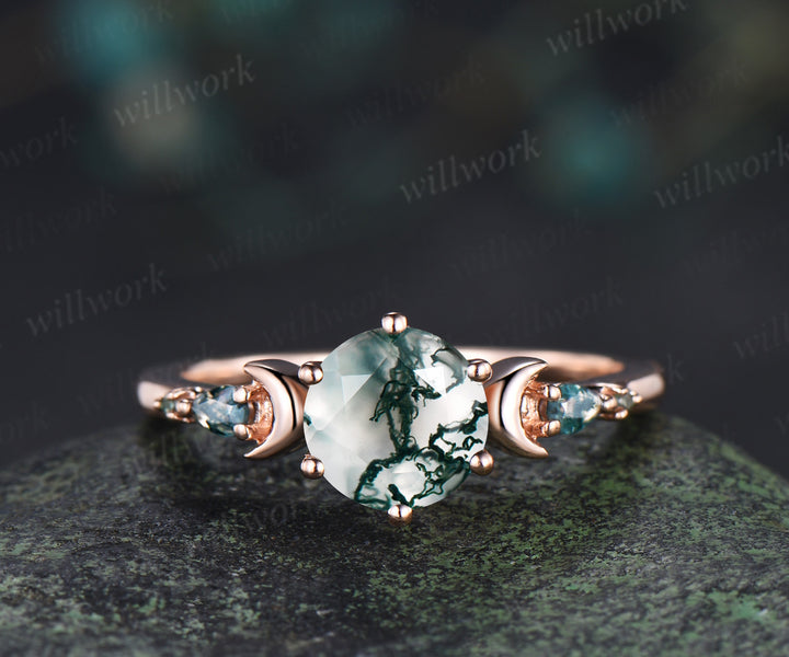 Round cut natural moss agate ring five stone moon 14k rose gold engagement ring set unique wedding ring set