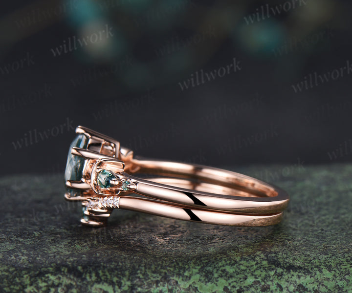 Round cut natural moss agate ring five stone moon 14k rose gold engagement ring set unique wedding ring set
