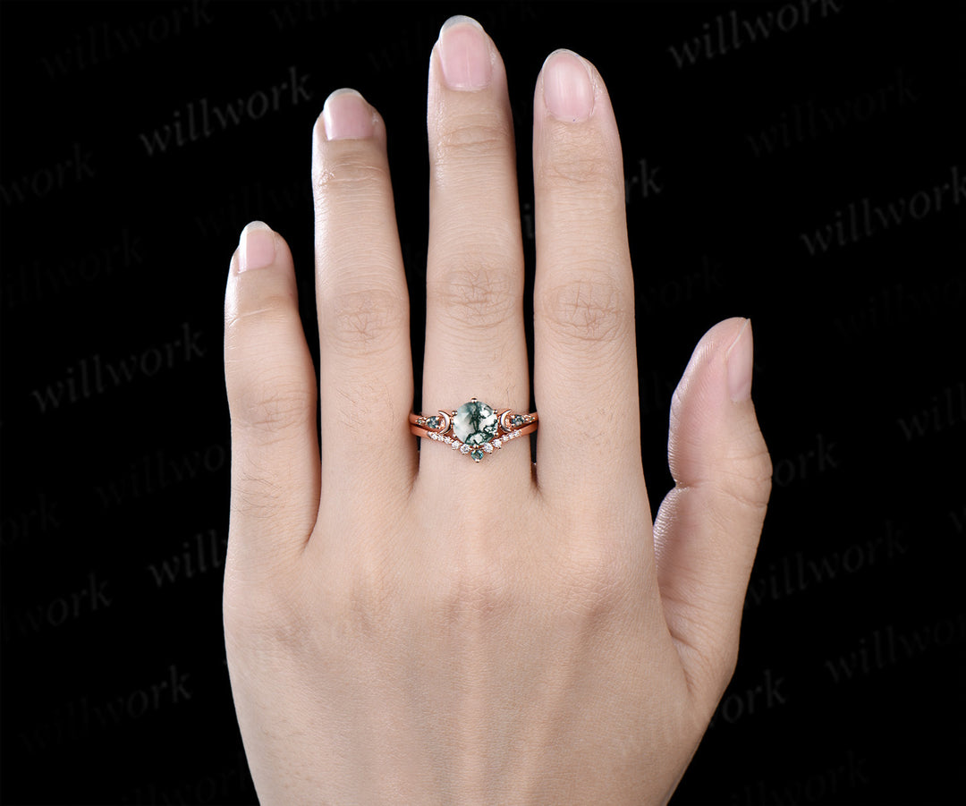 Round cut natural moss agate ring five stone moon 14k rose gold engagement ring set unique wedding ring set