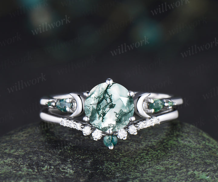 Round cut natural moss agate ring five stone moon 14k rose gold engagement ring set unique wedding ring set