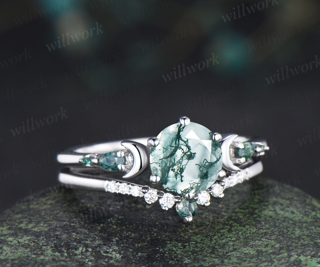 Round cut natural moss agate ring five stone moon 14k rose gold engagement ring set unique wedding ring set