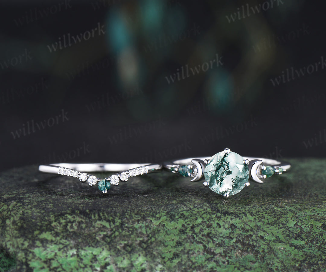 Round cut natural moss agate ring five stone moon 14k rose gold engagement ring set unique wedding ring set