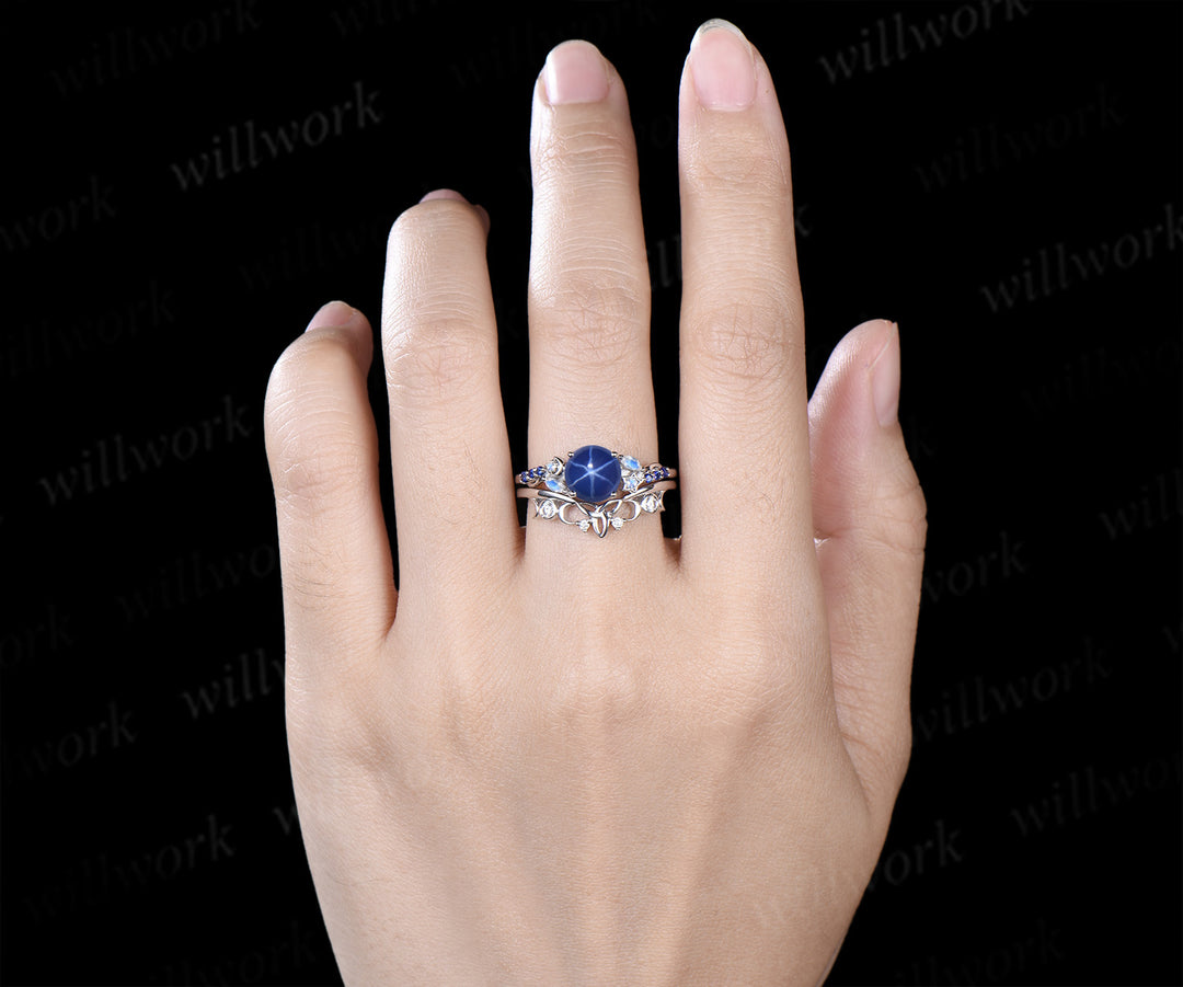 7mm round star sapphire engagement ring set moon star moonstone sapphire ring celtic knot wedding band bridal set