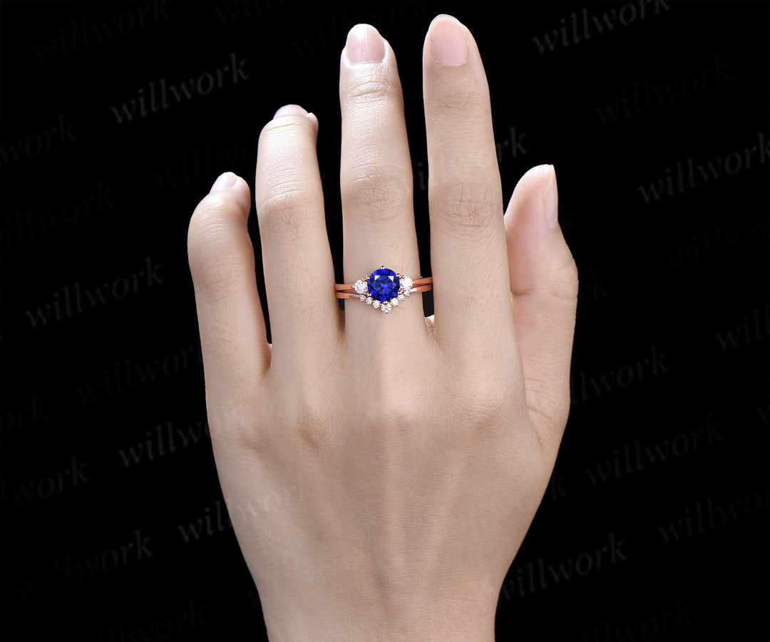 Round cut blue sapphire engagement ring set three stone sapphire moissanite promise ring curved wedding band minimalist bridal set
