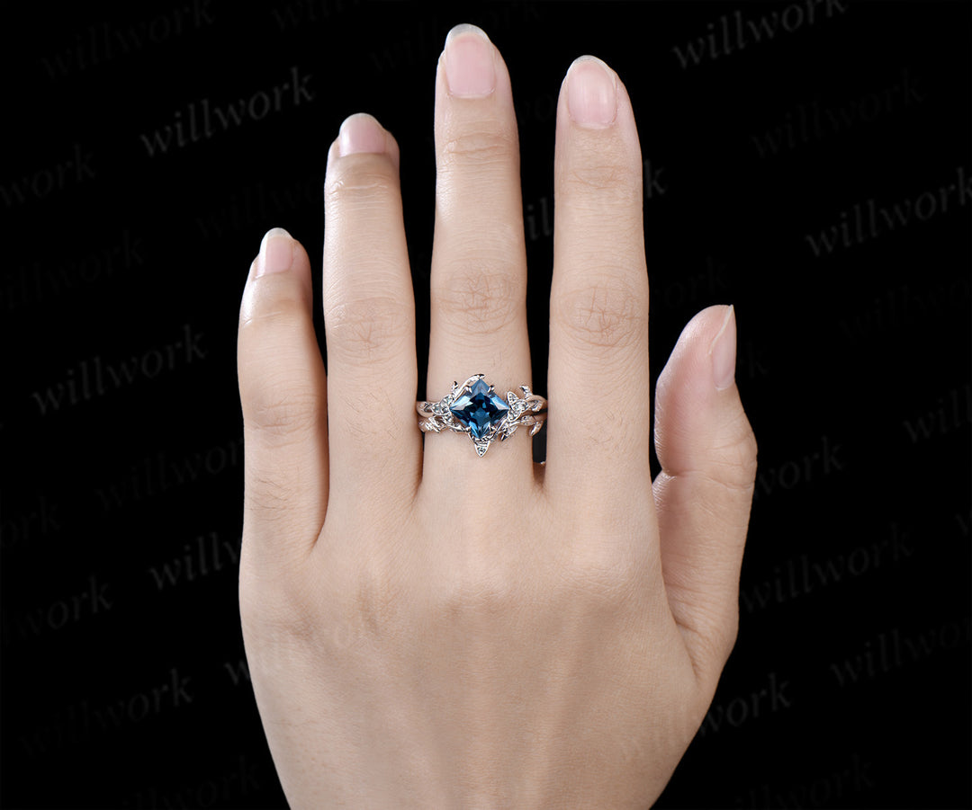 Princess cut London blue topaz engagement ring set art deco alexandrite celtic knot leaf twig ring unique bridal set